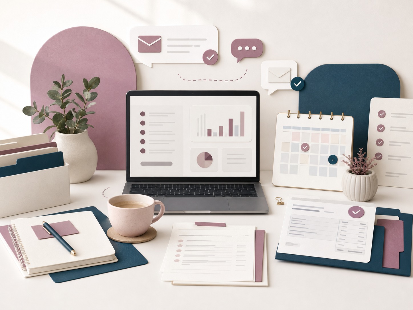 Illustration d'un espace de travail organisé avec ordinateur, calendrier et documents