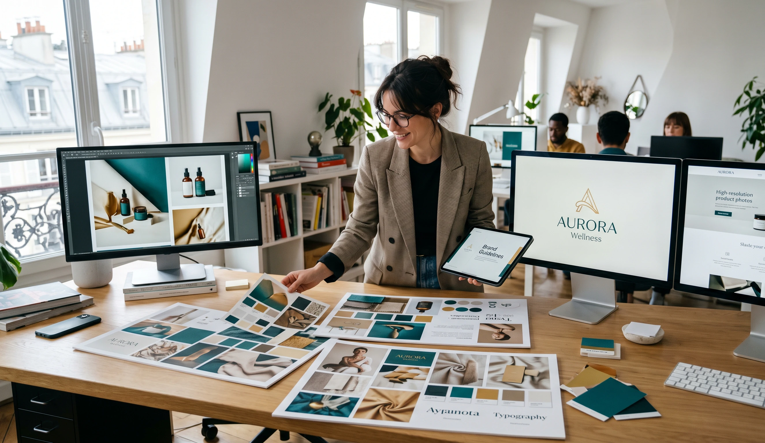 Directrice artistique créant l'identité visuelle d'une marque de bien-être avec des mood boards dans un studio de design