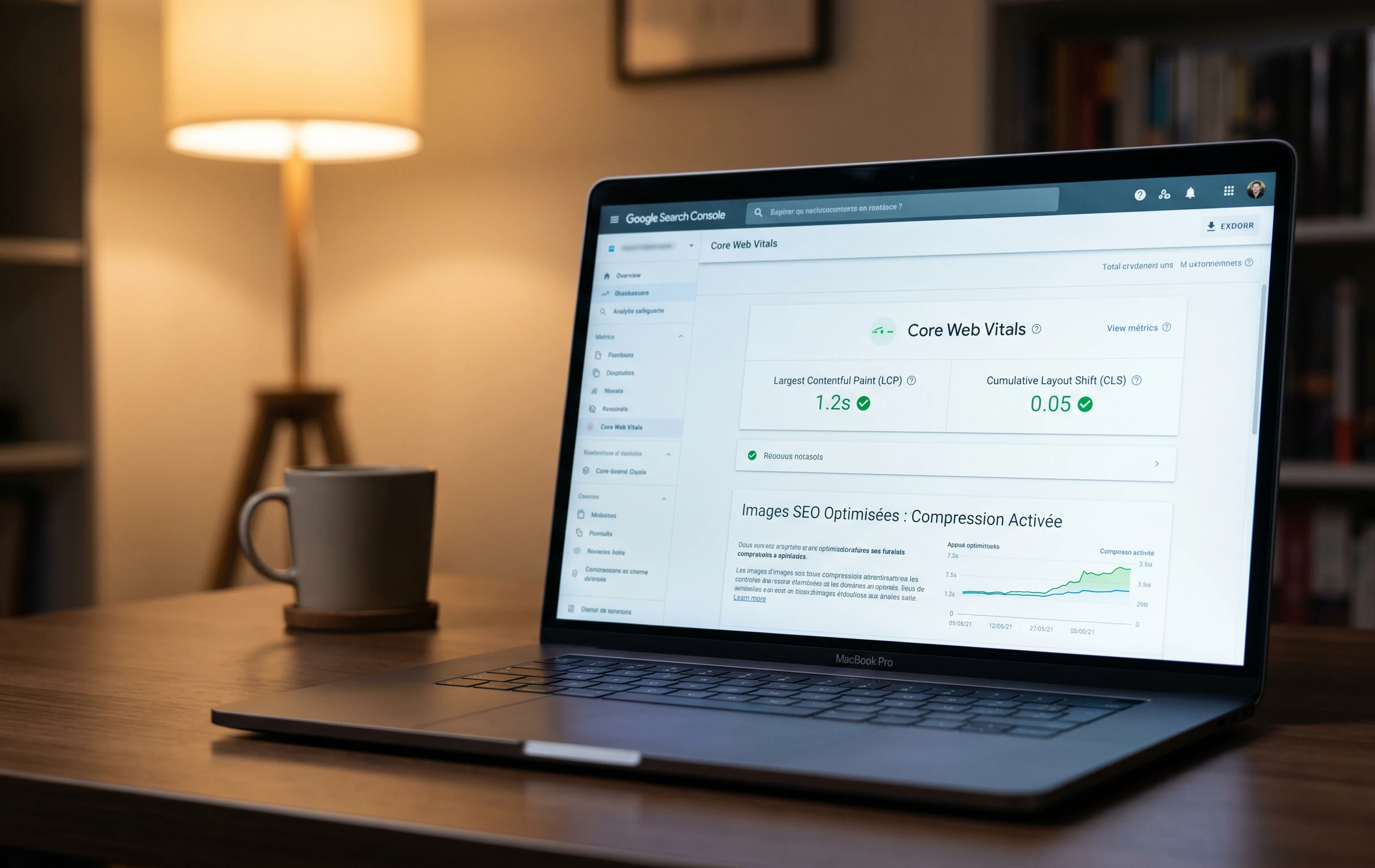 Gros plan d'un écran d'ordinateur portable affichant des métriques Core Web Vitals optimales suite à la compression d'images SEO.