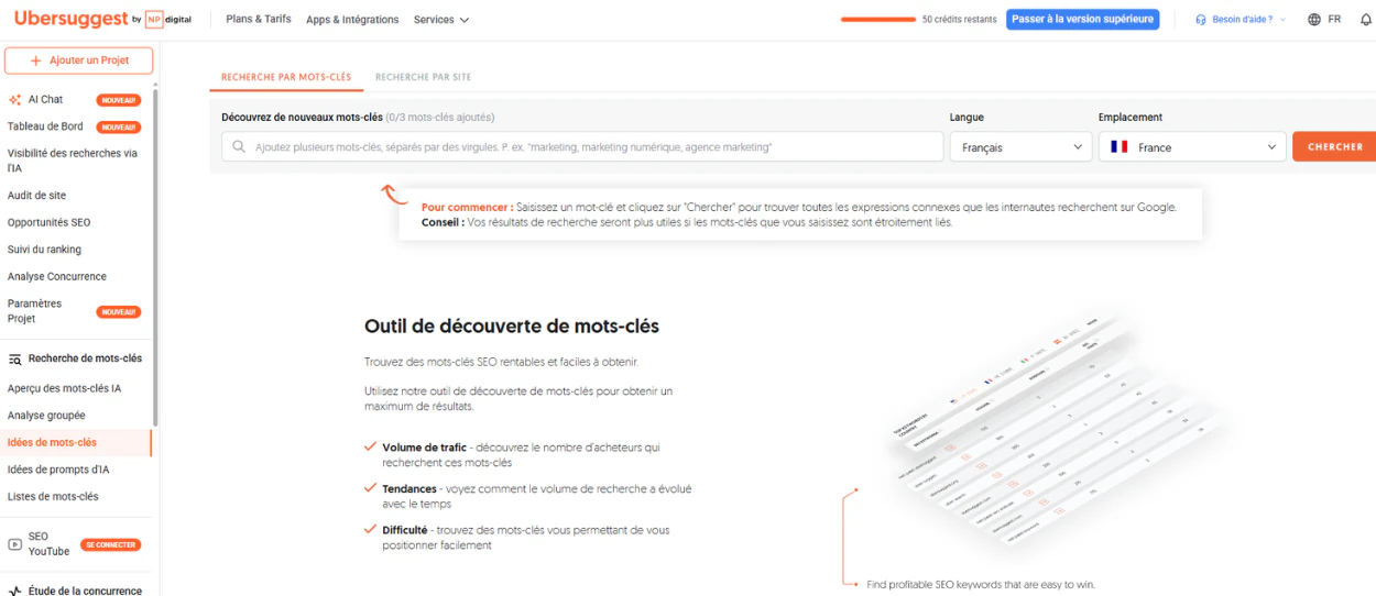 Interface Ubersuggest pour rechercher des idées de mots-clés SEO